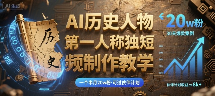 最新AI历史人物第一人称独白短视频制作教学，一个半月20w粉，可过伙伴计划-知知学社