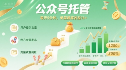 【公众号托管 】我提供文章，你发布，每天5分钟，单篇最高收益1k+-知知学社