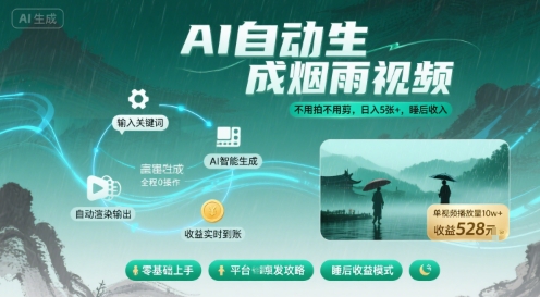 不用拍不用剪！AI自动生成烟雨视频，日入5张+，睡后收入-知知学社