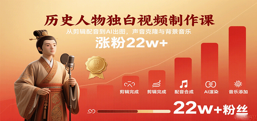历史人物独白视频制作课，从剪辑配音到AI出图，声音克隆与背景音乐，涨粉22w+-知知学社