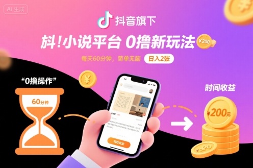 抖音旗下小说平台0撸新玩法，每天挂G60分钟，简单无脑，日入2张-知知学社