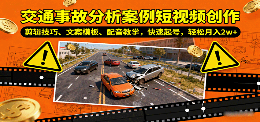 交通事故分析案例短视频创作，剪辑技巧、文案模板、配音教学，快速起号，轻松月入2w+-知知学社