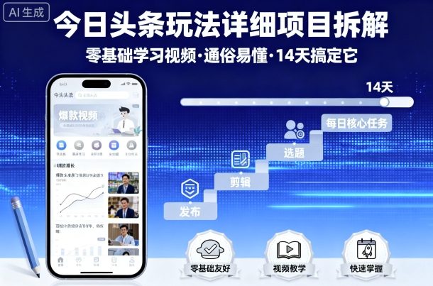 今日头条玩法详细项目拆解，零基础学习视频 通俗易懂 14天搞定它-知知学社
