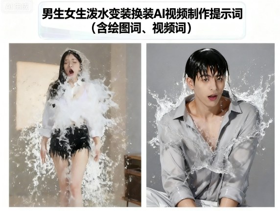 男生女生泼水变装换装AI视频制作提示词(含绘图词、视频词)-知知学社