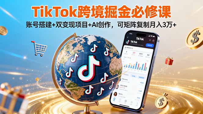 TikTo跨境掘金必修课，账号搭建+双变现项目+AI创作，可矩阵复制月入3万+-知知学社