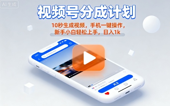 视频号分成计划懒人玩法，10秒生成视频，手机一键操作，新手小白轻松上手，日入1K-知知学社