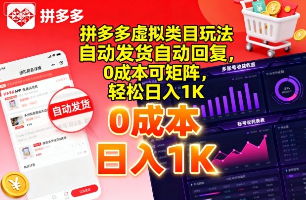 拼多多虚拟类目玩法，自动发货自动回复，0成本可矩阵，轻松日入1K-知知学社