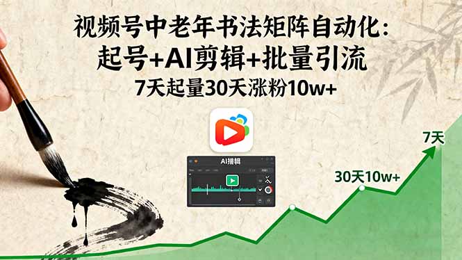 视频号中老年书法矩阵自动化：起号+AI剪辑+批量引流 7天起量30天涨粉10w+-知知学社