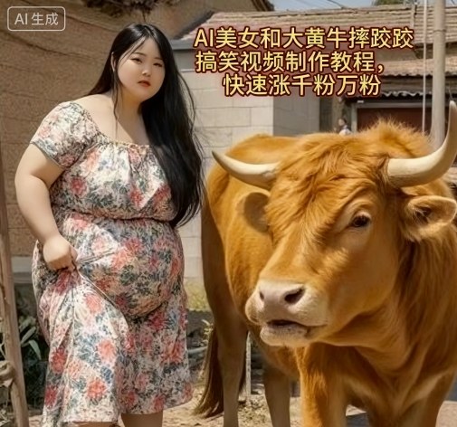 AI美女和大黄牛摔跤搞笑荒诞视频制作教程,快速涨千粉万粉-知知学社