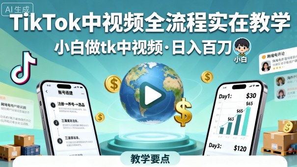 TikTok中视频全流程实操教学,小白做tk中视频,日入百刀-知知学社