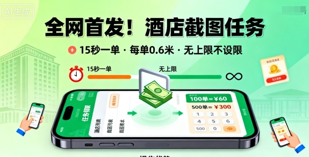 全网首发!酒店截图任务,15秒一单,每单0.6米,任务无上限不设限,矩阵操作单日3张到手-知知学社
