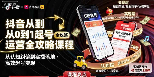 抖音从0到1起号运营全攻略课程,从认知纠偏到实操落地,高效起号变现-知知学社