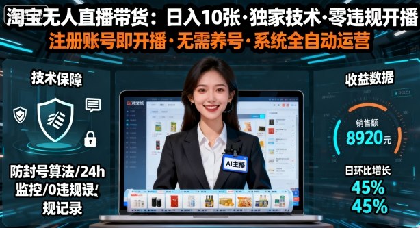 【最新】淘宝无人直播带货,日入10张,独家技术,无违规无封号,注册账号直接开播,不用养号-知知学社