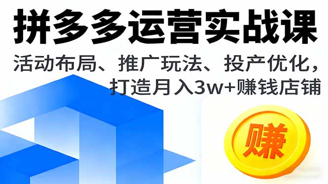 拼多多运营实战课,活动布局、推广玩法、投产优化,打造月入3w+赚钱店铺-知知学社