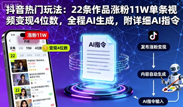 抖音热门玩法:22条作品涨粉11W单条视频变现4位数,全程AI生成,附详细AI指令-知知学社