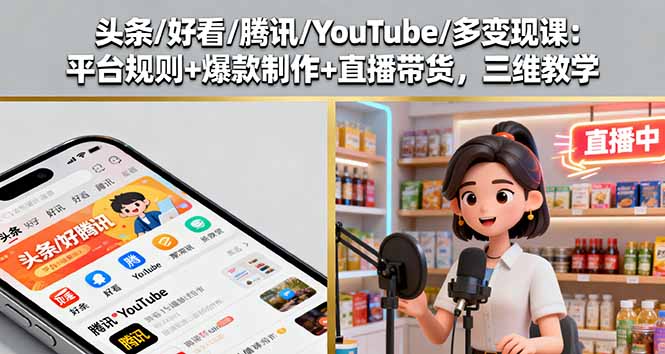 头条/好看/腾讯/YouTube/多变现课:平台规则+爆款制作+直播带货,三维教学-知知学社