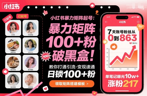 小红书爆栗矩阵起号,教你打通引流-变现速通,日锁100+粉,破流量黑盒-知知学社