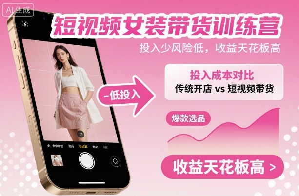 短视频女装带货训练营,投入少风险低,收益天花板高-知知学社