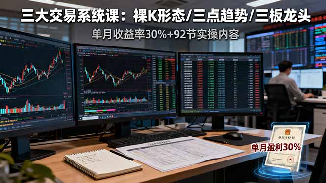 三大交易系统课:裸K形态/三点趋势/三板体系,单月收益率30%+92节实操内容-知知学社