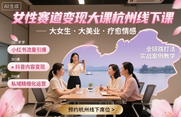 女性赛道变现大课杭州线下,大女生,大美业,疗愈情感,一套小红书、抖音、私域全链路打法-知知学社