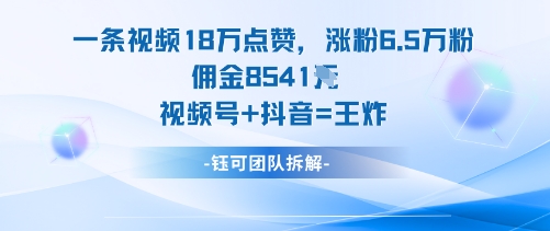 一条视频18W点赞,涨粉6.5W粉佣金8541米,视频号+抖音=王炸-知知学社