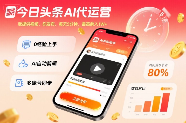 今日头条AI代运营,我提供视频,你发布,每天5分钟,最高躺入1W+-知知学社