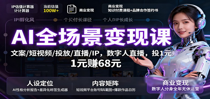 AI全场景变现课:文案/短视频/投放/直播/IP,数字人直播,投1元赚68元 – 知知学社-知知学社