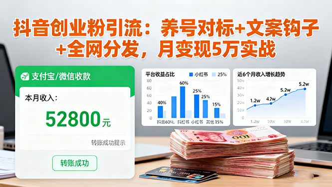 抖音创业粉引流:养号对标+文案钩子+全网分发,月变现5万实战 – 知知学社-知知学社