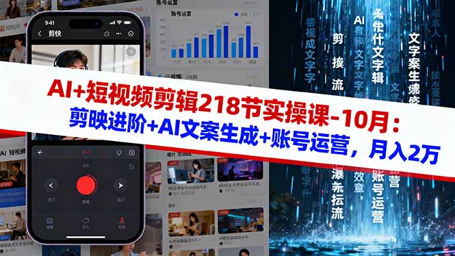AI+短视频剪辑218节实操课-10月:剪映进阶+AI文案生成+账号运营,月入2万 – 知知学社-知知学社