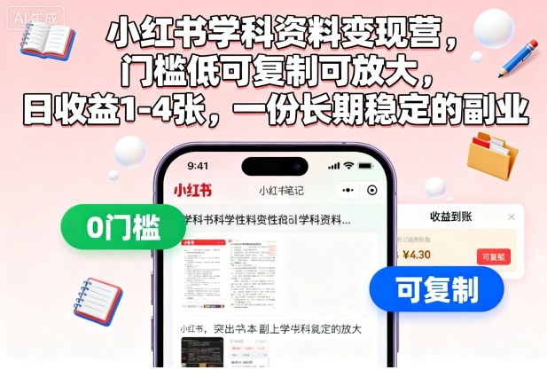小红书学科资料变现营,门槛低可复制可放大,日收益1-4张,一份长期稳定的副业 – 知知学社-知知学社
