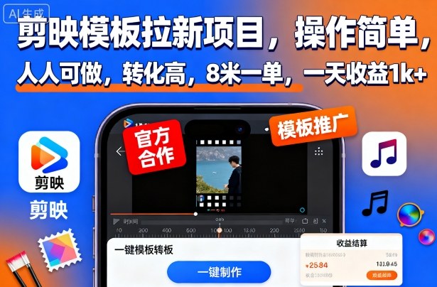 剪映模板拉新项目,操作简单,人人可做,转化高,8米一单,一天收益1k+ – 知知学社-知知学社