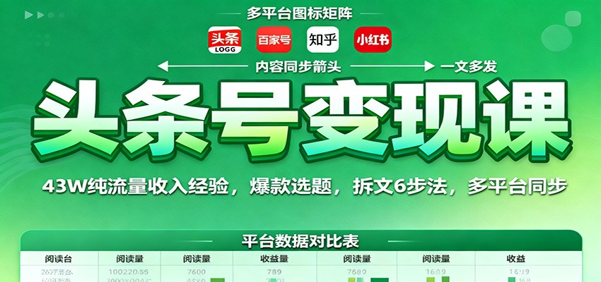 头条号变现课:43W纯流量收入经验,爆款选题,拆文6步法,多平台同步 – 知知学社-知知学社