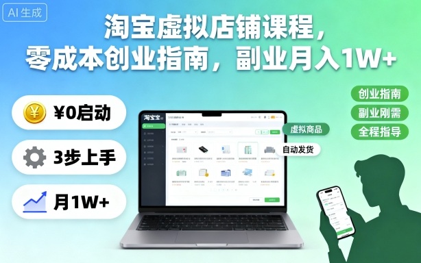 淘宝虚拟店铺课程,零成本创业指南,副业月入1W+ – 知知学社-知知学社