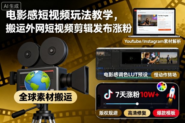 电影感短视频玩法教学,搬运外网短视频剪辑发布涨粉 – 知知学社-知知学社