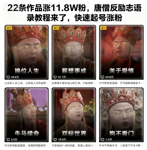 22条作品涨11.8W粉,唐僧反励志语录教程来了,快速起号涨粉 – 知知学社-知知学社