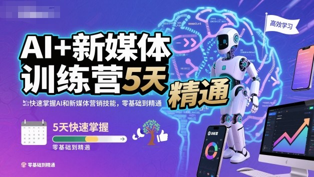 AI+新媒体训练营,5天快速掌握AI和新媒体营销技能,零基础到精通 – 知知学社-知知学社