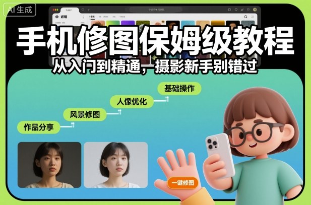 手机修图变现指南：从入门到精通，摄影新手必看 （其他符合要求的优化标题供参考）： 1. 手机修图创收全攻略：零基础到精通，新手也能学的变现方法 2. 实测手机修图变现思路：从入门到精通，新手轻松上手 3. 手机修图变现实操课：新手从入门到精通指南 4. 靠手机修图赚钱？新手从入门到精通的实战拆解 5. 摄影新手福利：手机修图从入门到精通的变现项目指南 - 知知学社-知知学社