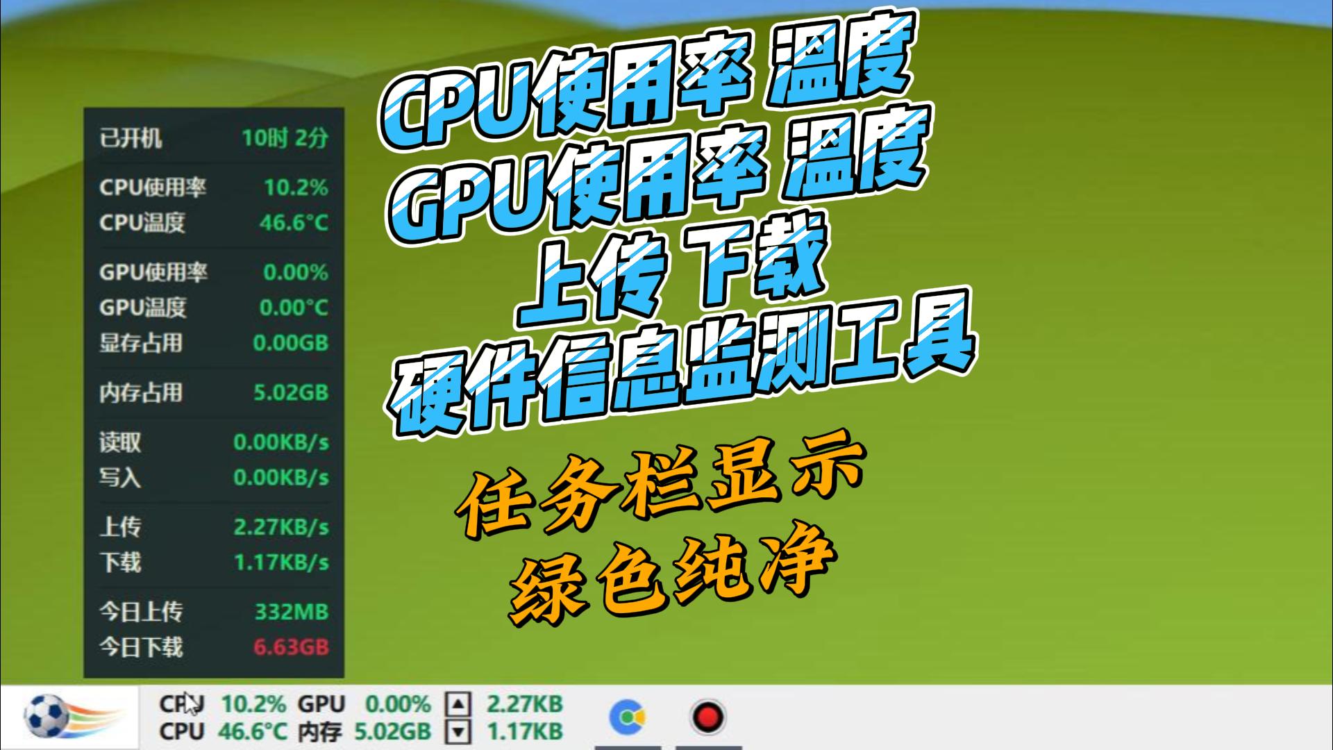 cpu,gpu温度监测软件,任务栏秒变硬件信息显示栏,所有硬件温度使用率一览无余
